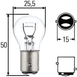 Technische Zeichnung: Hella® Kugellampe P21W/5W, 12 V, 21 W, 5 W, BAY15d in Blisterpackung