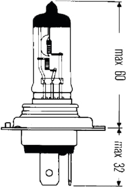 Technische Zeichnung: Hella® Halogenlampe Halogen H4, 12 V, 60 W, 55 W, P43t-38