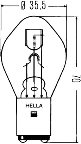 Technische Zeichnung: Hella® Biluxlampe 12 V, 35, 35 W, BA20d, für S2 Hauptscheinwerfer mit symmetrischem Licht
