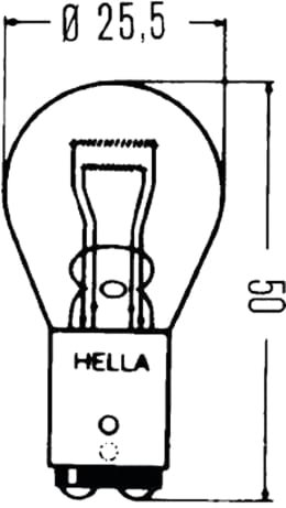 Technische Zeichnung: Hella® Kugellampe P21W/5W, 12 V, 21 W, 5 W, BAY15d