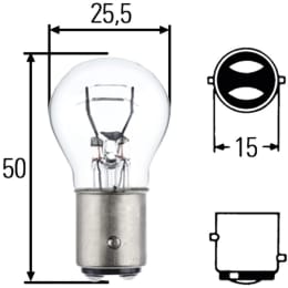 Technische Zeichnung: Hella® Kugellampe P21W/5W, 24 V, 21 W, 5 W, BAY15d