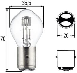 Technische Zeichnung: Hella® Biluxlampe 24 V, 45, 40 W, BA20d, für S2 Hauptscheinwerfer mit symmetrischem Licht