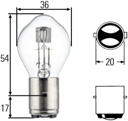 Technische Zeichnung: Hella® Biluxlampe 7 V, 35, 35 W, BA20d, für S2 Hauptscheinwerfer mit symmetrischem Licht