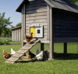 Lifestyle: Hühnerklappe All-in-one 54 x 45 cm mit Solarmodul für Geflügel, von Chick'A®