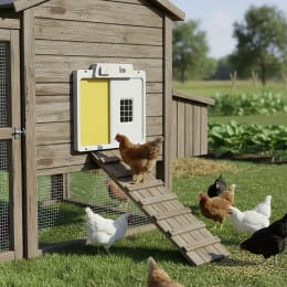 Lifestyle: Hühnerklappe All-in-one 54 x 45 cm mit Solarmodul für Geflügel, von Chick'A®