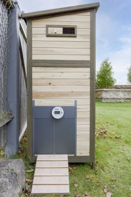Lifestyle: Hühnerklappe mit automatischer Steuerung an einem Hühnerstall aus Holz montiert