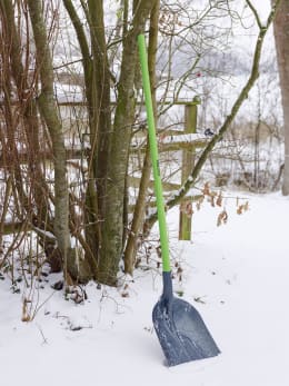Lifestyle: Aluschaufel mit grünem Holzstiel steht im Schnee an einem Baum gelehnt