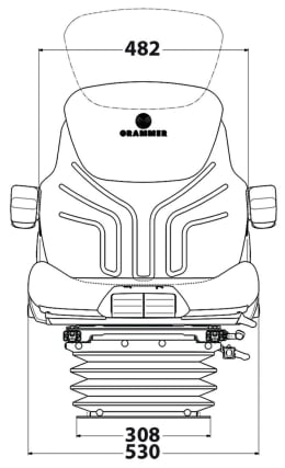 Technische Zeichnung: Grammer Traktorsitz Maximo® Comfort Plus, luftgefedert, Vorderansicht mit Maßangaben