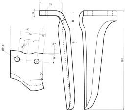 Technische Zeichnung: Kreiseleggenzinken 100 x 262 x 12 mm, Bohrung 14,5 mm, für Kreiselegge Howard