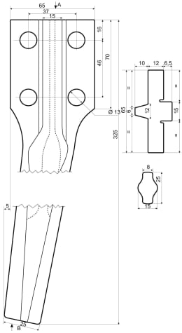 Technische Zeichnung: Kreiseleggenzinken 65 x 325 x 12 mm, Bohrung 13 mm, für Kreiselegge Cam, Eberhardt, Frost