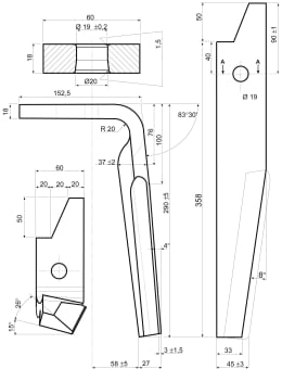 Technische Zeichnung: Kreiseleggenzinken 60 x 290 x 18 mm, Bohrung 19 mm, für Kreiselegge Amazone