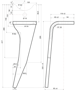 Technische Zeichnung: Kreiseleggenzinken 120 x 330 x 15 mm, Bohrung 19 mm, für Kreiselegge Amazone
