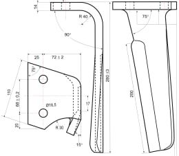 Technische Zeichnung: Kreiseleggenzinken 110 x 200 x 14 mm, Bohrung 16,5 mm, für Kreiselegge Kuhn, Belrecolt