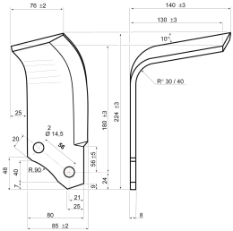Technische Zeichnung: Fräsmesser links/rechts L x B x S: 224 x 80 x 8 mm, Bohrung 14,5 mm für Maschio Fräse B, BI, C, SC