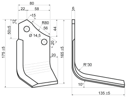 Technische Zeichnung: Fräsmesser links/rechts L x B x S: 175 x 80 x 6 mm, Bohrung 14,5 mm für Maschio Fräse NC