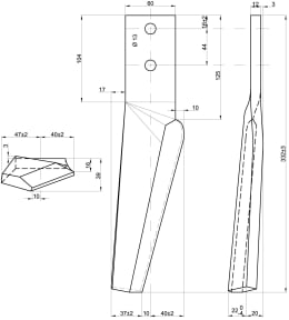Technische Zeichnung: Kreiseleggenzinken 60 x 332 x 12 mm, Bohrung 13 mm, für Kreiselegge Falc, Köckerling, Maschio, Moreni