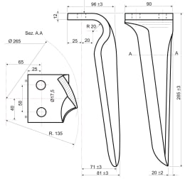 Technische Zeichnung: Kreiseleggenzinken 90 x 285 x 12 mm, Bohrung 17 mm, für Kreiselegge Kverneland, Landsberg, Maschio