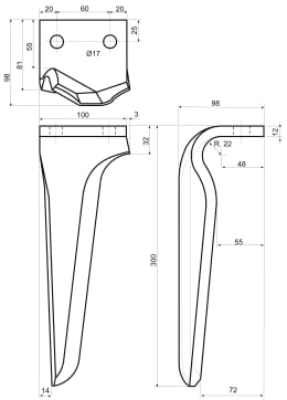 Technische Zeichnung: Kreiseleggenzinken 100 x 300 x 12 mm, Bohrung 17 mm, für Schmotzer, Maschio DM, Vogel & Noot
