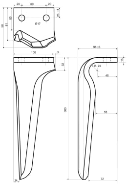 Technische Zeichnung: Kreiseleggenzinken 100 x 300 x 15 mm, Bohrung 17 mm, für Kreiselegge Maschio DM