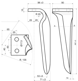 Technische Zeichnung: Kreiseleggenzinken 90 x 287 x 15 mm, Bohrung 17 mm, für Kreiselegge Maschio DL, DS, DC