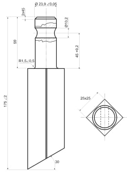Technische Zeichnung: Rotorzinken links/rechts L x B x S: 175 x 25 x 25 mm Ø Schaft 23,9 mm für Rototiller Breviglieri