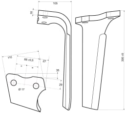Technische Zeichnung: Kreiseleggenzinken 110 x 300 x 16 mm, Bohrung 17 mm, für Kreiselegge Kuhn
