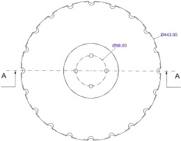 Technische Zeichnung: Eggenscheibe 443 x 5 mm, LK 98 mm, gewölbt, gezahnt, für Rabe Scheibenegge Fieldbird