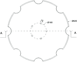 Technische Zeichnung: Eggenscheibe 620 x 6 mm, LK 160 mm, gewölbt, gezahnt, Bohrungen 4-kant für Lemken Kurzscheibenegge