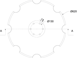 Technische Zeichnung: Eggenscheibe 620 x 6 mm, LK 130 mm, gewölbt, gezahnt, Bohrungen 4-kant für Lemken Kurzscheibenegge