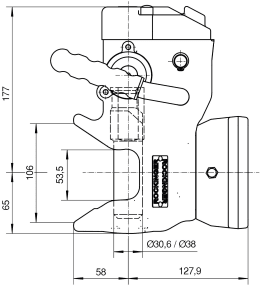 Technische Zeichnung: Rockinger Zugmaul automatisch mit Flansch, Bolzen-Ø 30,6/38 mm