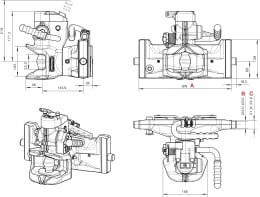 Technische Zeichnung: Rockinger Zugmaul automatisch mit Adapterplatte in vier Ansichten mit Maßangaben
