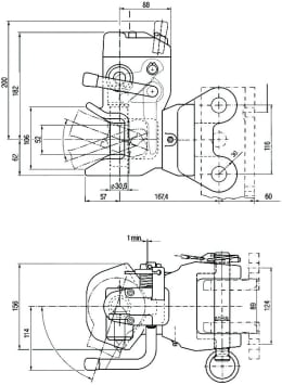Technische Zeichnung: Rockinger Zugmaul RO855A automatisch mit Konsole, Ø Bolzen 30,6 mm, für Traktor Mercedes Benz MB-Trac