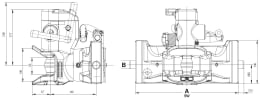 Technische Zeichnung: Rockinger Zugmaul RO873D automatisch mit tieferen Maulgrund und Adapterplatte, 390/25/32 mm, Ø Bolzen