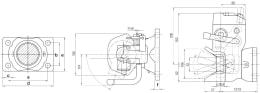 Technische Zeichnung: Rockinger Zugmaul RO873D automatisch mit tieferen Maulgrund und Adapterplatte, 390/25/32 mm, Ø Bolzen
