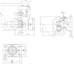 Technische Zeichnung: Rockinger Zugmaul RO873B automatisch mit tieferem Maulgrund und Flansch, Ø Bolzen 36 mm