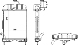 Technische Zeichnung: Wasserkühler für Traktor, Baggerlader Massey Ferguson 20B–40E, 230–250