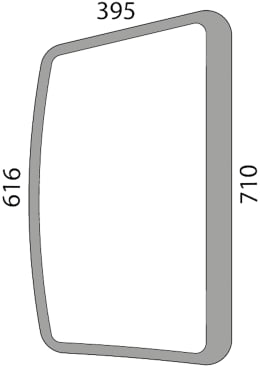 Technische Zeichnung: Seitenscheibe für Traktor, 616/710 x 6 mm, mit abgerundeten Ecken und Maßangaben
