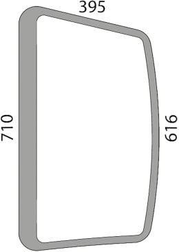 Technische Zeichnung: Seitenscheibe 616, 710 x 6 mm links, grün, Siebdruck, geklebt, für Traktor Deutz-Fahr, Same