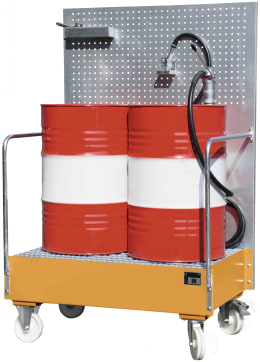 Produktbild: Fahrbare Auffangwanne mit Gitterrost für 2 x 60 l Fässer, gelb lackiert, mit Rollen