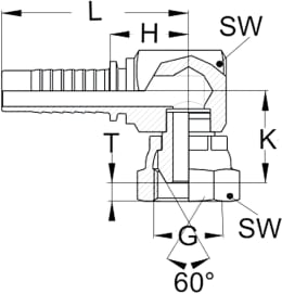 Technische Zeichnung: Dichtkegelnippel DKR 90 °, Innengewinde zöllig, BSPP, zylindrisch, Aussenkung 60°