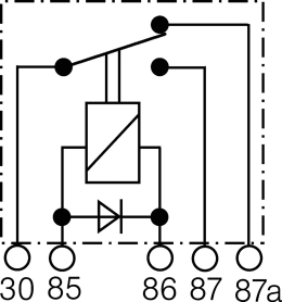 Technische Zeichnung: Herth + Buss Relais 12 V 20 A, 30 A, 5-polig, Wechsler, mit Diode und Haltelasche