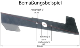 Technische Zeichnung: Rasenmähermesser mit Bemaßungsbeispiel für Außenloch, Bohrung, Lochabstand und Länge