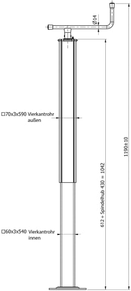 Technische Zeichnung: Teleskop-Stützfuß, mit Handkurbel, mit/ohne Lager