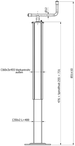 Technische Zeichnung: Teleskop-Stützfuß, mit Handkurbel, mit/ohne Lager