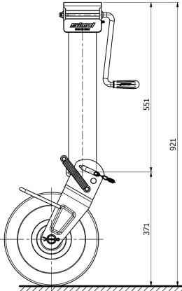 Technische Zeichnung: Stützrad Stützlast 2.000 kg, Rohr 90 x 460 mm, leicht, halbautomatisch, Blockierungsfeder