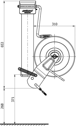Technische Zeichnung: Stützrad Stützlast 2.000 kg, Rohr 90 x 460 mm, leicht, halbautomatisch, Blockierungsfeder