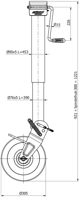 Technische Zeichnung: Stützrad Stützlast 2.000 kg, Rohr 90 x 460 mm, leicht, halbautomatisch, Blockierungsfeder