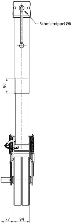 Technische Zeichnung: Stützrad Stützlast 2.000 kg, Rohr 90 x 460 mm, leicht, halbautomatisch, Blockierungsfeder