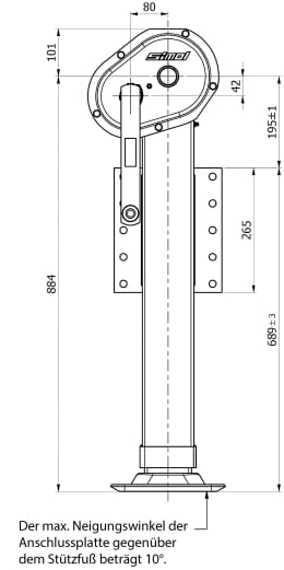 Technische Zeichnung: Teleskop-Stützfuß Stützlast 10 t, Höhe 985 – 1.455 mm, Hub 470 mm, mit Getriebkurbel