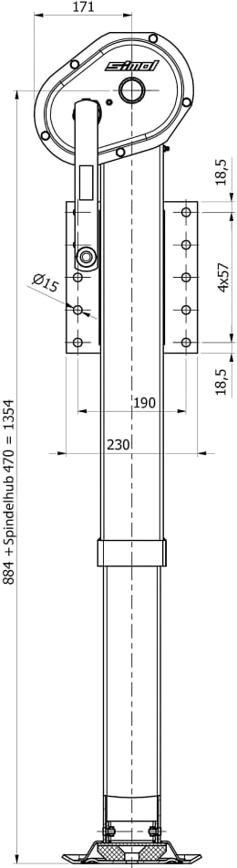 Technische Zeichnung: Teleskop-Stützfuß Stützlast 10 t, Höhe 985 – 1.455 mm, Hub 470 mm, mit Getriebkurbel